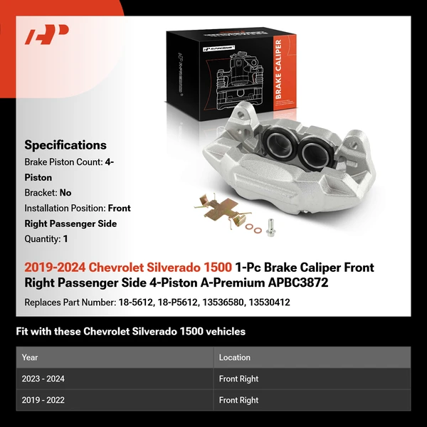 2019-2024 Chevrolet Silverado 1500 1-Pc Brake Caliper Front Right Passenger Side 4-Piston A-Premium APBC3872
