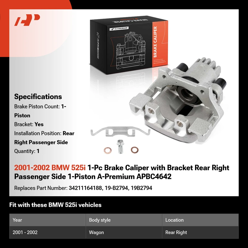 2001-2002 BMW 525i 1-Pc Brake Caliper with Bracket Rear Right Passenger Side 1-Piston A-Premium APBC4642