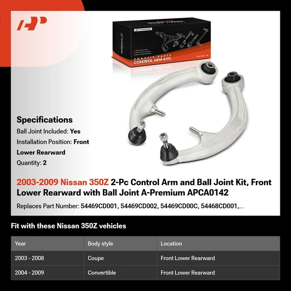 2003-2009 Nissan 350Z 2-Pc Control Arm and Ball Joint Kit, Front Lower Rearward with Ball Joint A-Premium APCA0142