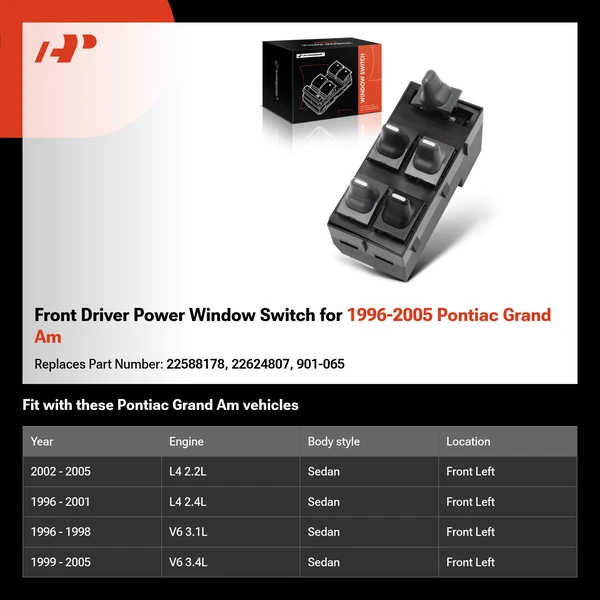 Front Driver Power Window Switch for 1996-2005 Pontiac Grand Am