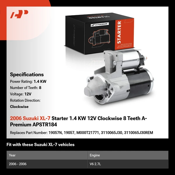 2006 Suzuki XL-7 Starter 1.4 KW 12V Clockwise 8 Teeth A-Premium APSTR184