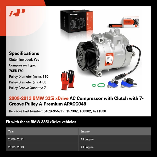 2009-2013 BMW 335i xDrive AC Compressor with Clutch with 7-Groove Pulley A-Premium APACC046
