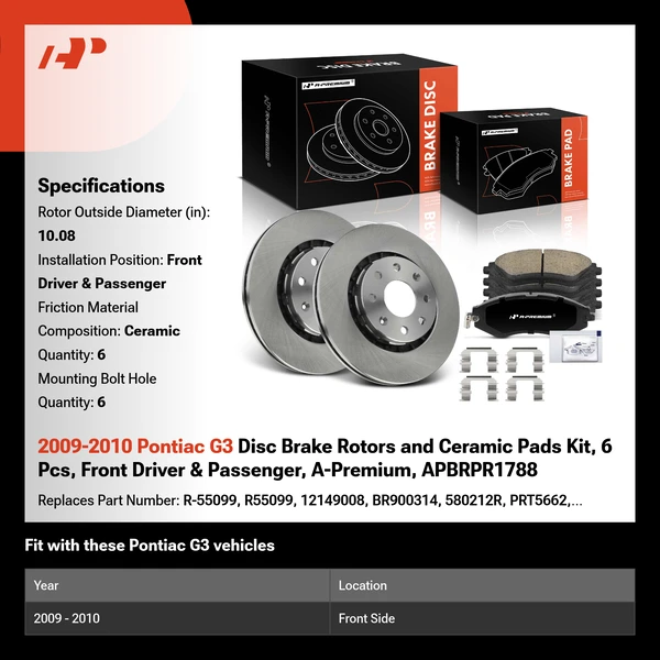 2009-2010 Pontiac G3 Disc Brake Rotors and Ceramic Pads Kit, 6 Pcs, Front Driver & Passenger, A-Premium, APBRPR1788
