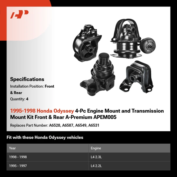 1995-1998 Honda Odyssey 4-Pc Engine Mount and Transmission Mount Kit Front & Rear A-Premium APEM005