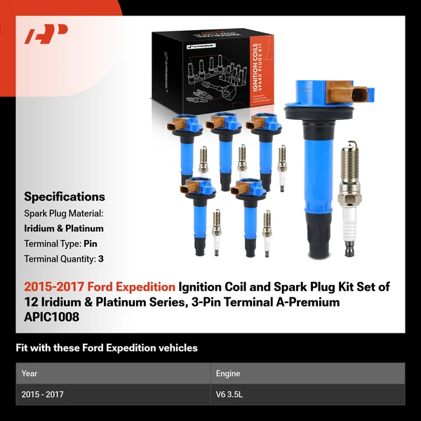 2015-2017 Ford Expedition Ignition Coil and Spark Plug Kit Set of 12 Iridium & Platinum Series, 3-Pin Terminal A-Premium APIC1008