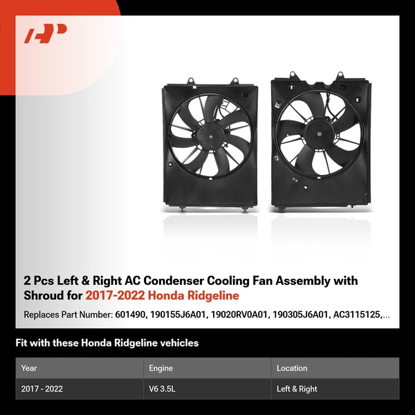 2 Pcs Left & Right AC Condenser Cooling Fan Assembly with Shroud for 2017-2022 Honda Ridgeline