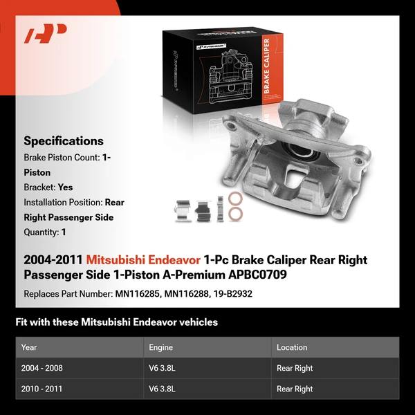 2004-2011 Mitsubishi Endeavor 1-Pc Brake Caliper Rear Right Passenger Side 1-Piston A-Premium APBC0709