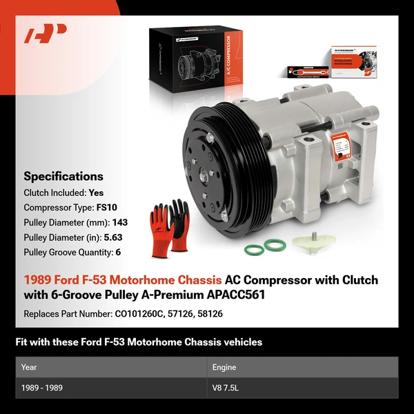 1989 Ford F-53 Motorhome Chassis AC Compressor with Clutch with 6-Groove Pulley A-Premium APACC561