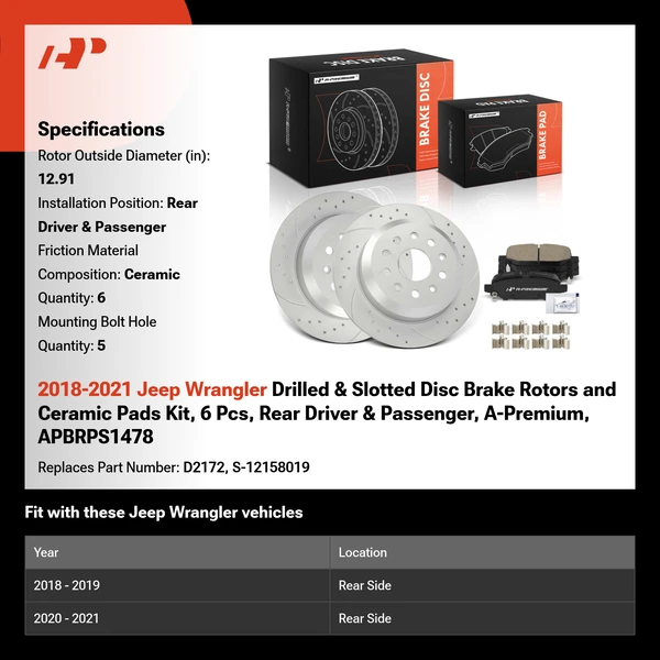 2018-2021 Jeep Wrangler Drilled & Slotted Disc Brake Rotors and Ceramic Pads Kit, 6 Pcs, Rear Driver & Passenger, A-Premium, APBRPS1478