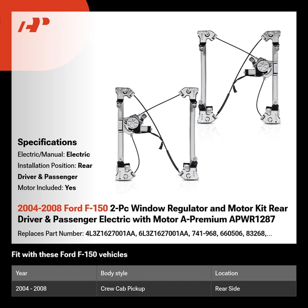 2004-2008 Ford F-150 2-Pc Window Regulator and Motor Kit Rear Driver & Passenger Electric with Motor A-Premium APWR1287