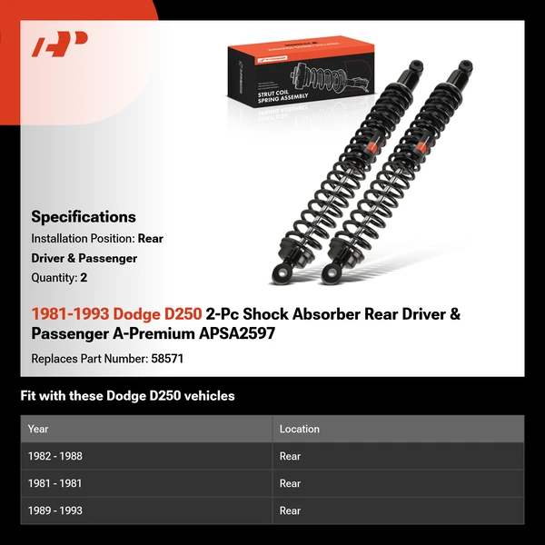 1981-1993 Dodge D250 2-Pc Shock Absorber Rear Driver & Passenger A-Premium APSA2597