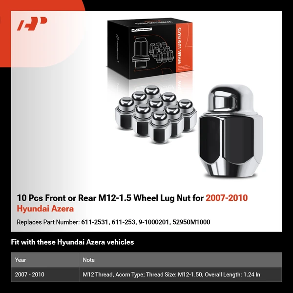 10 Pcs Front or Rear M12-1.5 Wheel Lug Nut for 2007-2010 Hyundai Azera