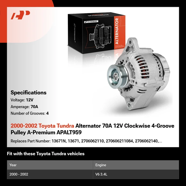 2000-2002 Toyota Tundra Alternator 70A 12V Clockwise 4-Groove Pulley A-Premium APALT959