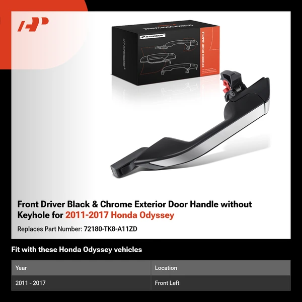 Front Driver Black & Chrome Exterior Door Handle without Keyhole for 2011-2017 Honda Odyssey