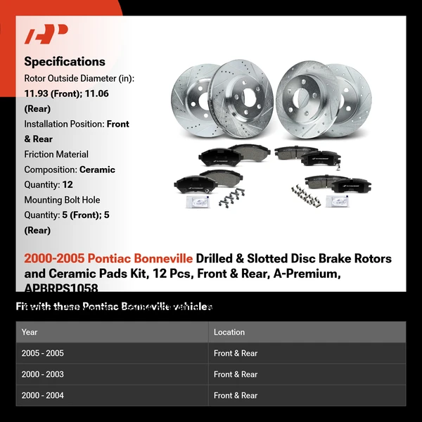 2000-2005 Pontiac Bonneville Drilled & Slotted Disc Brake Rotors and Ceramic Pads Kit, 12 Pcs, Front & Rear, A-Premium, APBRPS1058