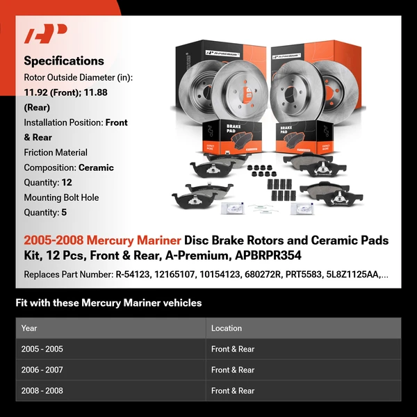 2005-2008 Mercury Mariner Disc Brake Rotors and Ceramic Pads Kit, 12 Pcs, Front & Rear, A-Premium, APBRPR354