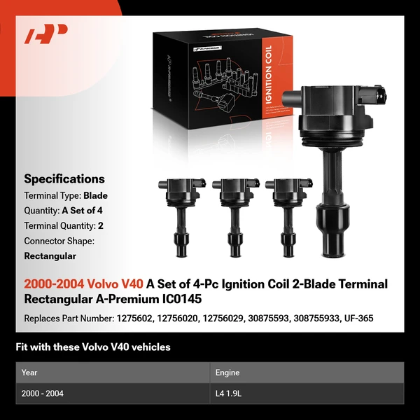 2000-2004 Volvo V40 A Set of 4-Pc Ignition Coil 2-Blade Terminal Rectangular A-Premium IC0145