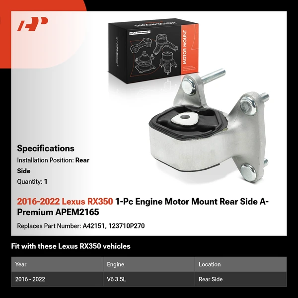 2016-2022 Lexus RX350 1-Pc Engine Motor Mount Rear Side A-Premium APEM2165