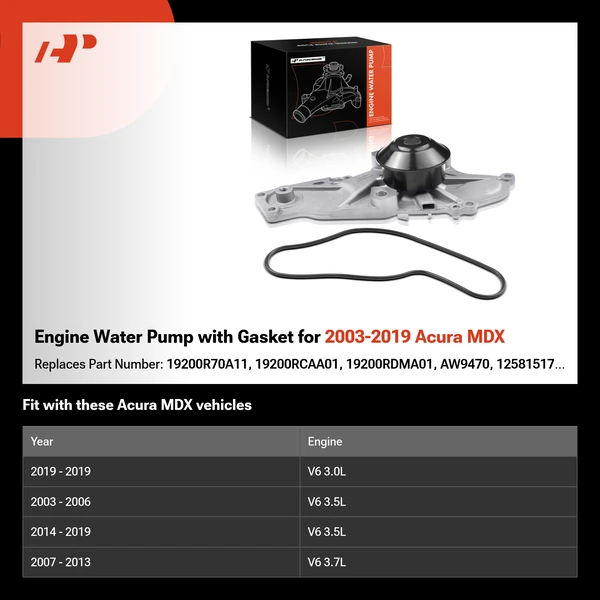 Engine Water Pump with Gasket for 2003-2019 Acura MDX