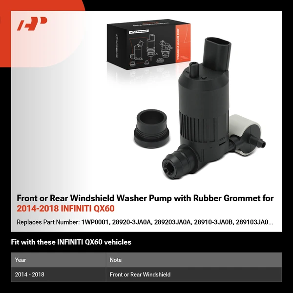 Front or Rear Windshield Washer Pump with Rubber Grommet for 2014-2018 INFINITI QX60