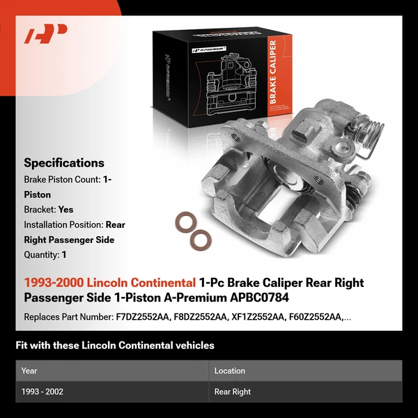 1993-2000 Lincoln Continental 1-Pc Brake Caliper Rear Right Passenger Side 1-Piston A-Premium APBC0784