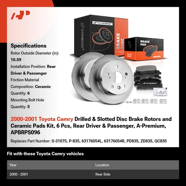 2000-2001 Toyota Camry Drilled & Slotted Disc Brake Rotors and Ceramic Pads Kit, 6 Pcs, Rear Driver & Passenger, A-Premium, APBRPS096