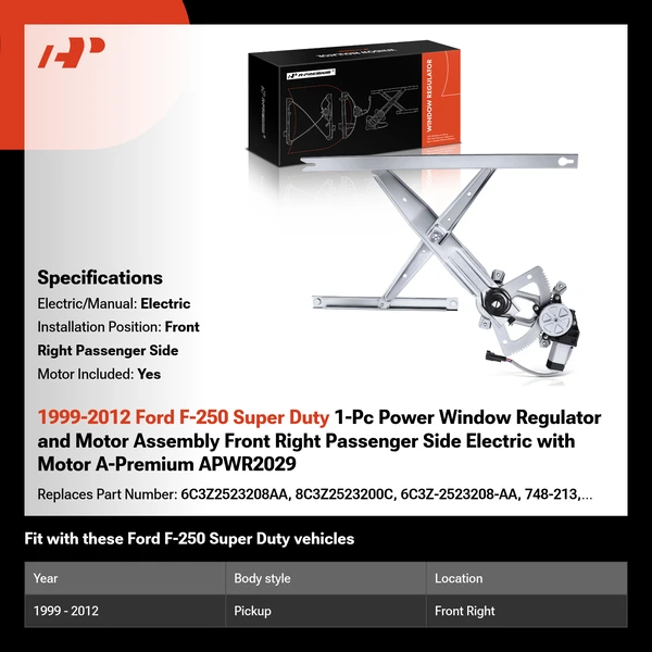 1999-2012 Ford F-250 Super Duty 1-Pc Power Window Regulator and Motor Assembly Front Right Passenger Side Electric with Motor A-Premium APWR2029