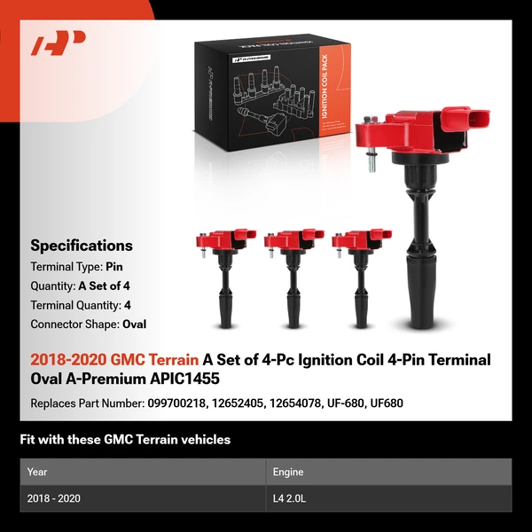 2018-2020 GMC Terrain A Set of 4-Pc Ignition Coil 4-Pin Terminal Oval A-Premium APIC1455