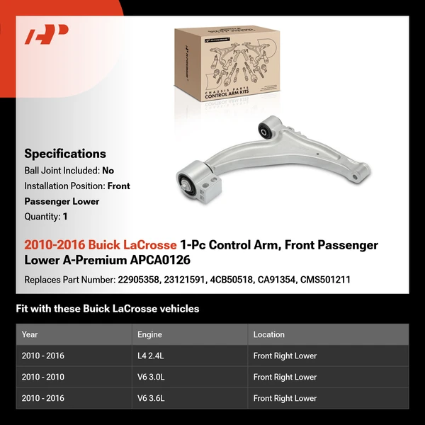 2010-2016 Buick LaCrosse 1-Pc Control Arm, Front Passenger Lower A-Premium APCA0126