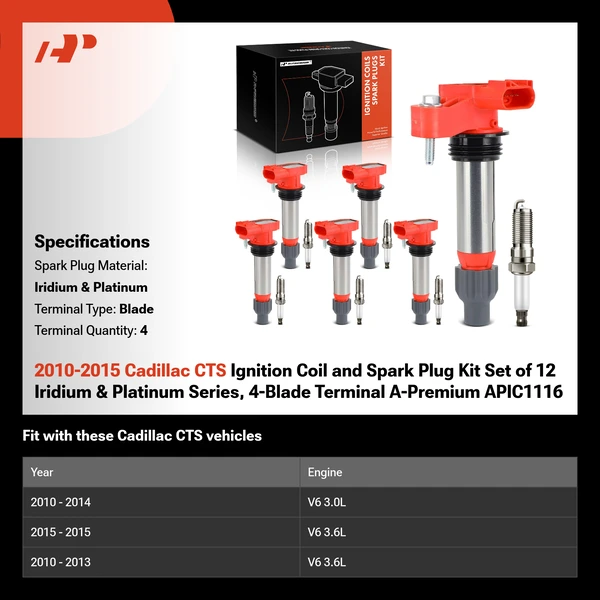 2010-2015 Cadillac CTS Ignition Coil and Spark Plug Kit Set of 12 Iridium & Platinum Series, 4-Blade Terminal A-Premium APIC1116