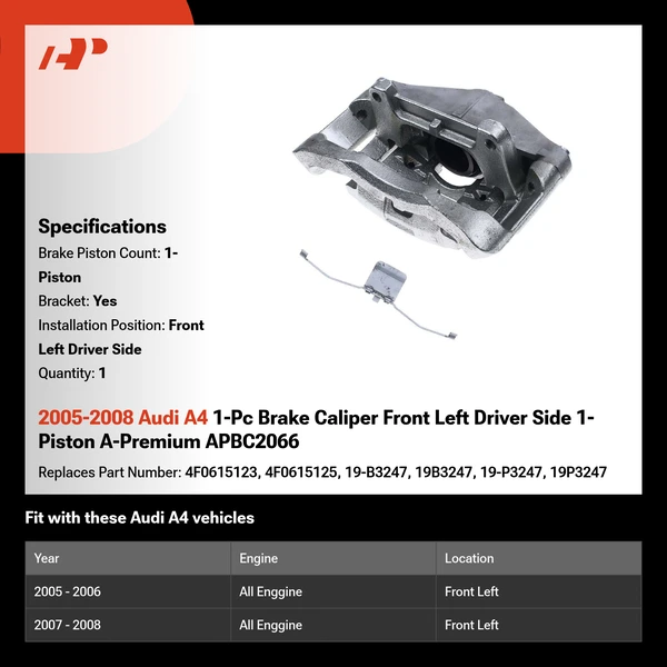 2005-2008 Audi A4 1-Pc Brake Caliper Front Left Driver Side 1-Piston A-Premium APBC2066