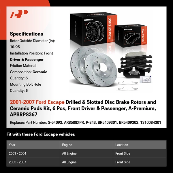 2001-2007 Ford Escape Drilled & Slotted Disc Brake Rotors and Ceramic Pads Kit, 6 Pcs, Front Driver & Passenger, A-Premium, APBRPS367