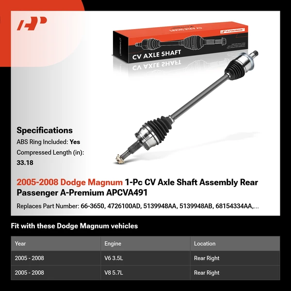 2005-2008 Dodge Magnum 1-Pc CV Axle Shaft Assembly Rear Passenger A-Premium APCVA491