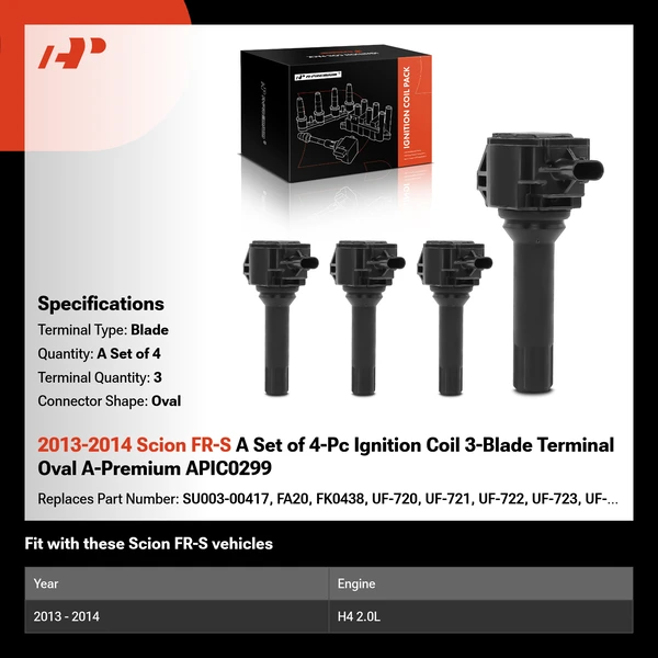 2013-2014 Scion FR-S A Set of 4-Pc Ignition Coil 3-Blade Terminal Oval A-Premium APIC0299