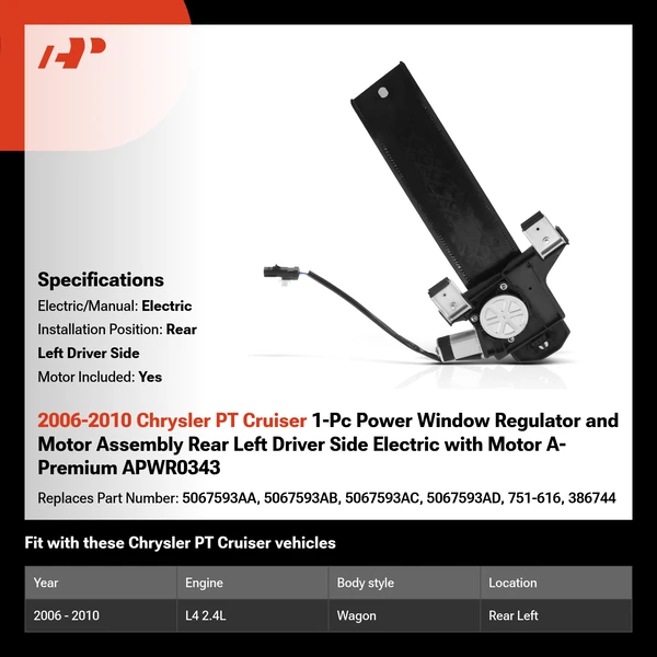 2006-2010 Chrysler PT Cruiser 1-Pc Power Window Regulator and Motor Assembly Rear Left Driver Side Electric with Motor A-Premium APWR0343