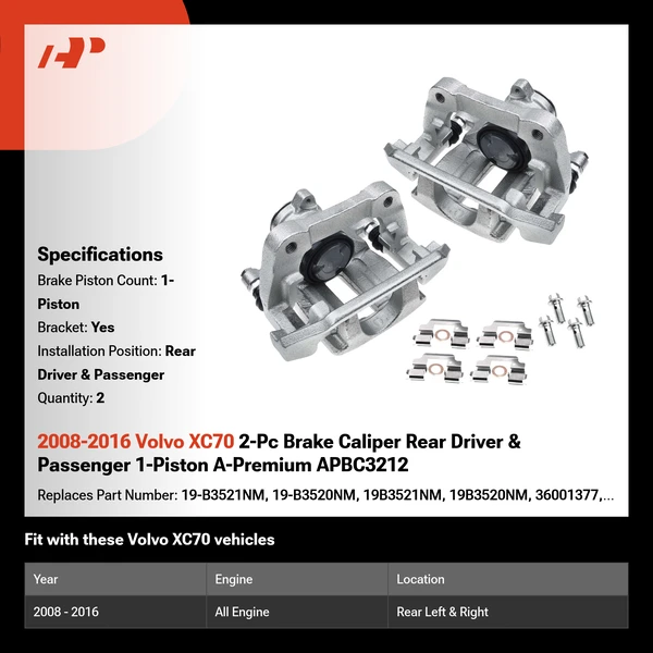 2008-2016 Volvo XC70 2-Pc Brake Caliper Rear Driver & Passenger 1-Piston A-Premium APBC3212