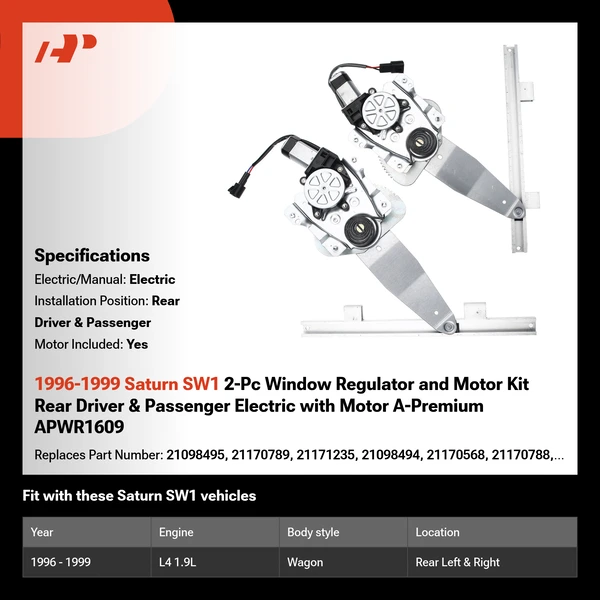 1996-1999 Saturn SW1 2-Pc Window Regulator and Motor Kit Rear Driver & Passenger Electric with Motor A-Premium APWR1609