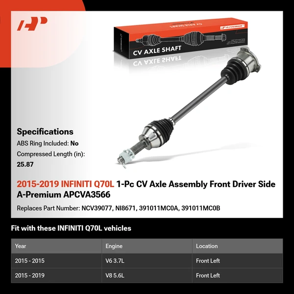 2015-2019 INFINITI Q70L 1-Pc CV Axle Assembly Front Driver Side A-Premium APCVA3566