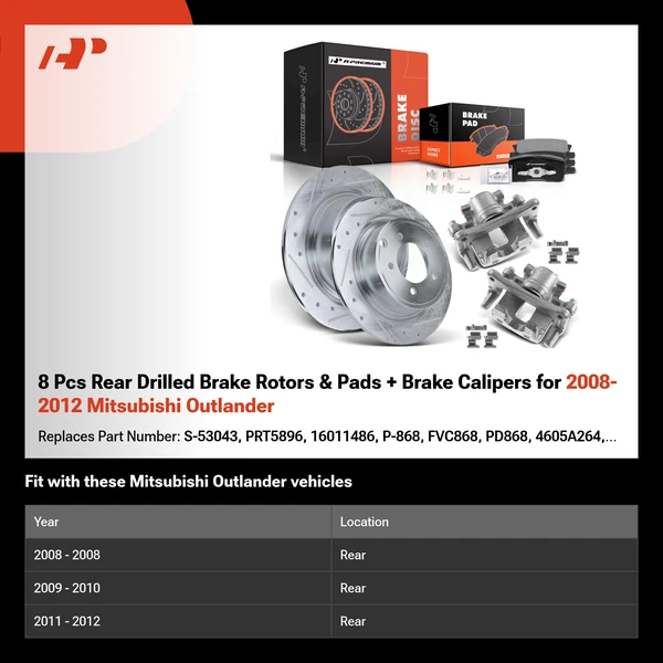 8 Pcs Rear Drilled Brake Rotors & Pads + Brake Calipers for 2008-2012 Mitsubishi Outlander