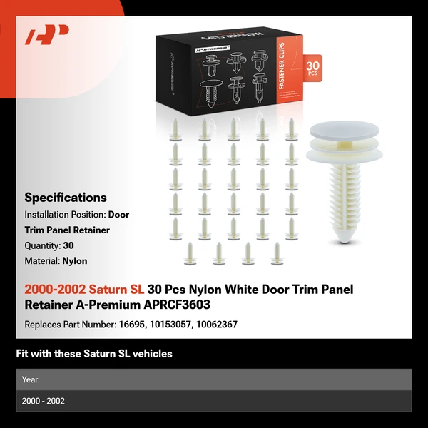 2000-2002 Saturn SL 30 Pcs Nylon White Door Trim Panel Retainer A-Premium APRCF3603