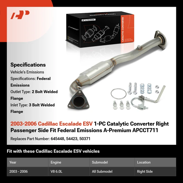 2003-2006 Cadillac Escalade ESV 1-PC Catalytic Converter Right Passenger Side Fit Federal Emissions A-Premium APCCT711