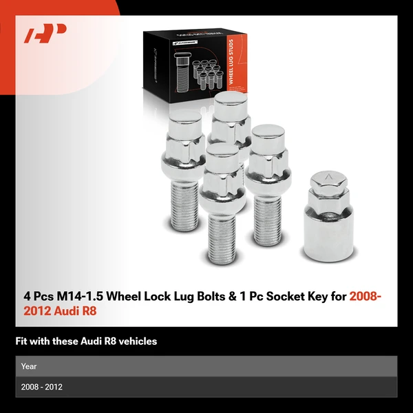 4 Pcs M14-1.5 Wheel Lock Lug Bolts & 1 Pc Socket Key for 2008-2012 Audi R8