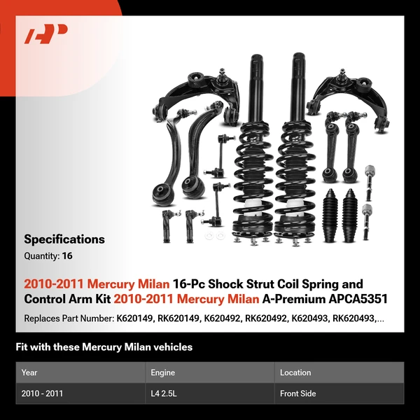 2010-2011 Mercury Milan 16-Pc Shock Strut Coil Spring and Control Arm Kit 2010-2011 Mercury Milan A-Premium APCA5351