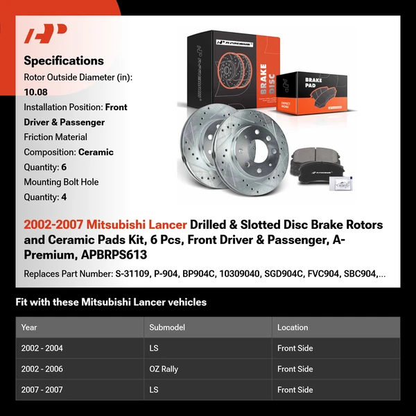 2002-2007 Mitsubishi Lancer Drilled & Slotted Disc Brake Rotors and Ceramic Pads Kit, 6 Pcs, Front Driver & Passenger, A-Premium, APBRPS613