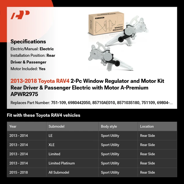 2013-2018 Toyota RAV4 2-Pc Window Regulator and Motor Kit Rear Driver & Passenger Electric with Motor A-Premium APWR2975