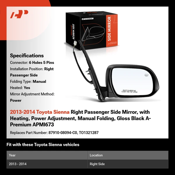 2013-2014 Toyota Sienna Right Passenger Side Mirror, with Heating, Power Adjustment, Manual Folding, Gloss Black A-Premium APMI673