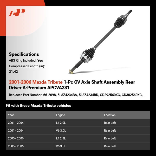 2001-2006 Mazda Tribute 1-Pc CV Axle Shaft Assembly Rear Driver A-Premium APCVA231