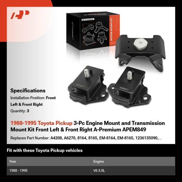 1988-1995 Toyota Pickup 3-Pc Engine Mount and Transmission Mount Kit Front Left & Front Right A-Premium APEM849