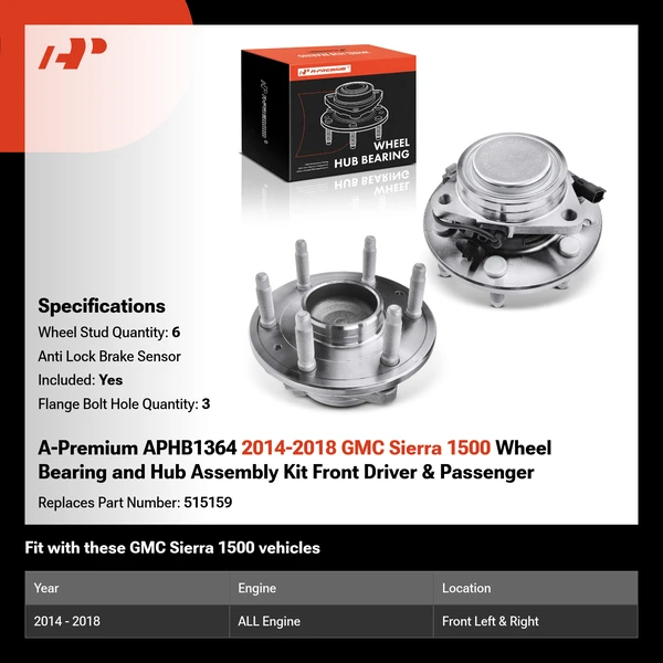 A-Premium APHB1364 2014-2018 GMC Sierra 1500 Wheel Bearing and Hub Assembly Kit Front Driver & Passenger