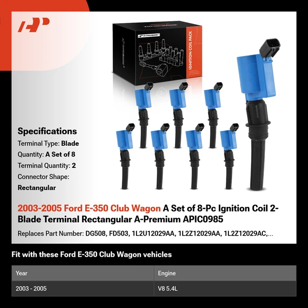 2003-2005 Ford E-350 Club Wagon A Set of 8-Pc Ignition Coil 2-Blade Terminal Rectangular A-Premium APIC0985